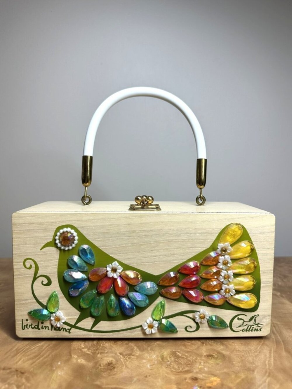 Rare Vintage Enid Collins Bird in Hand Box Bag Jeweled Wood Purse Texas EUC